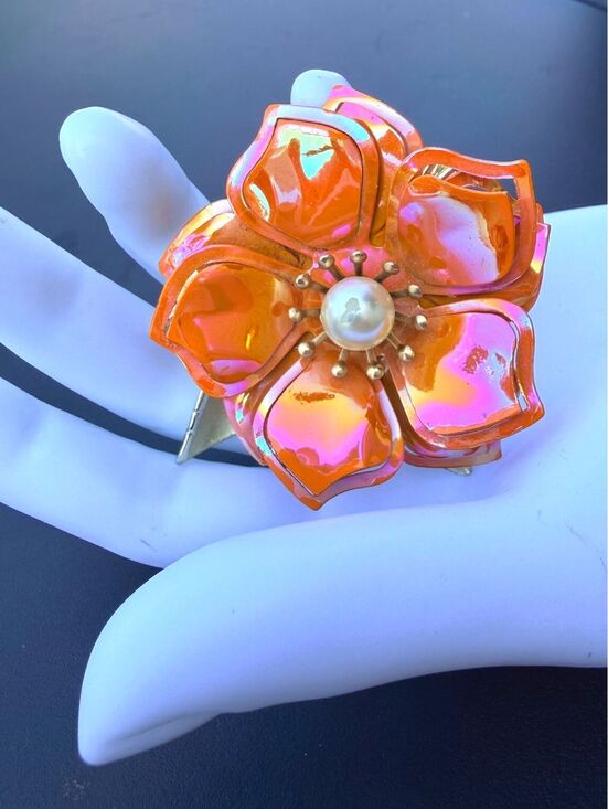 Jewelry - Vintage Iridescent Orange Enamel Flower Brooch Faux Pearl